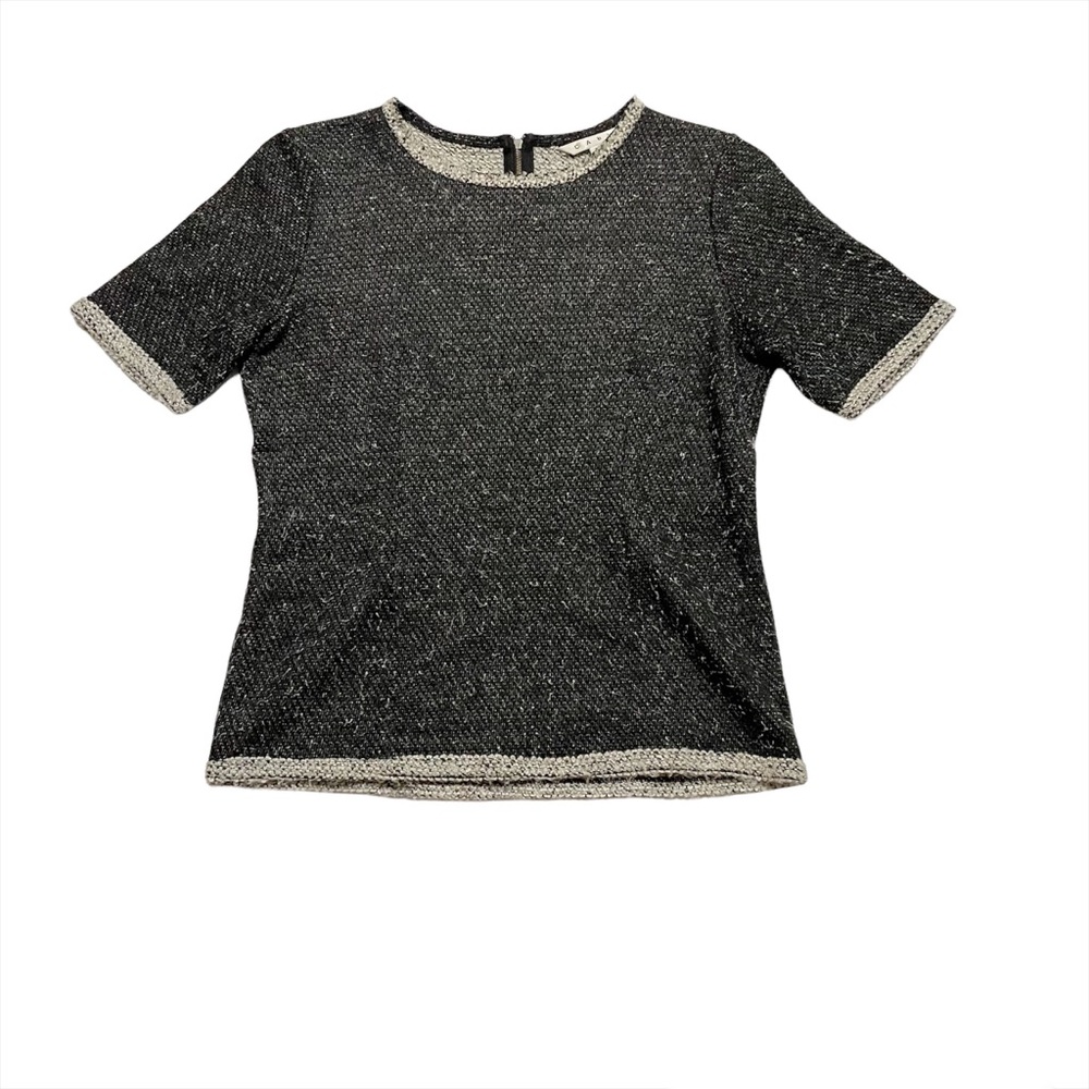 CAbi Dark Grey/Black Cream Accent Short Sleeve Knit Sweater Blouse Size Medium